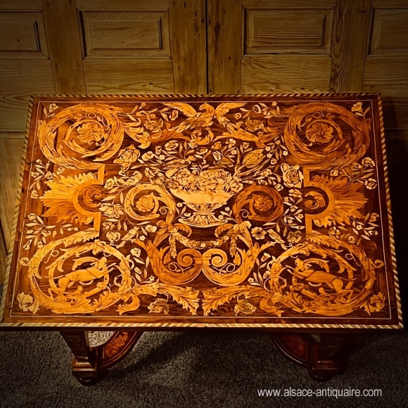 Ceremonial Table Marquetry Flowers, Birds, Dogs An