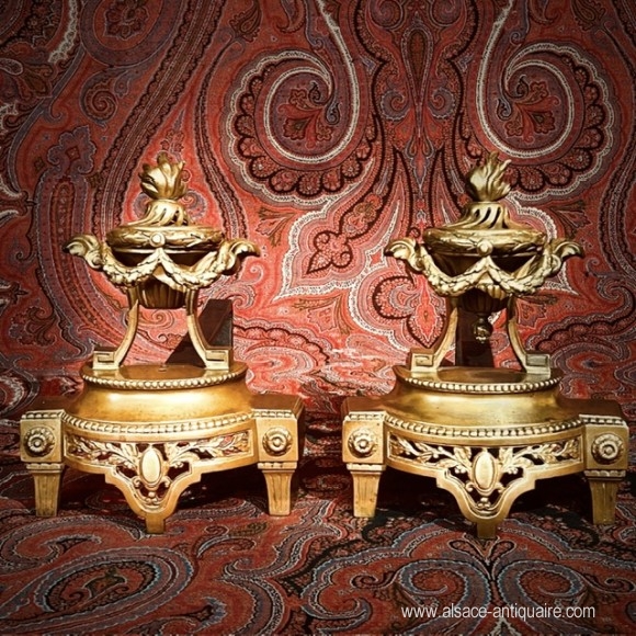 Pair Andirons Decor Louis XVI Bronze Fire Pots