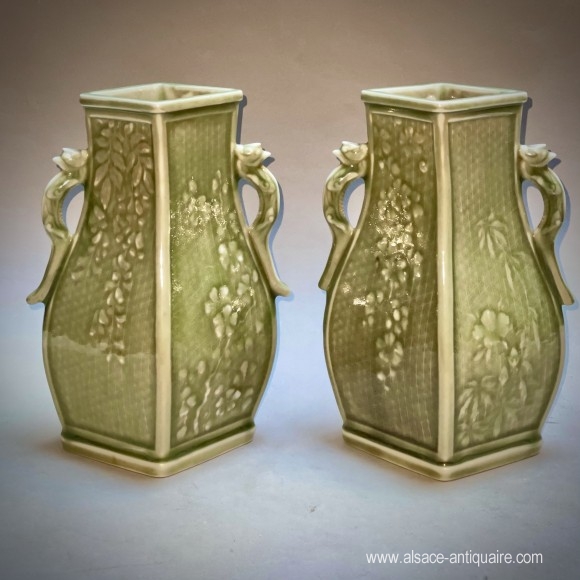 Pair of celadon ceramic vase signed Théodore Deck 