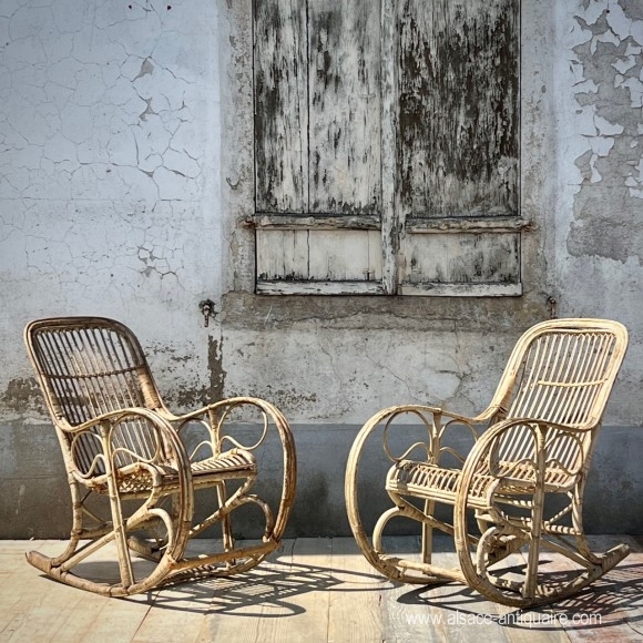 Pair of old rocking chairs in rattan 19th century
