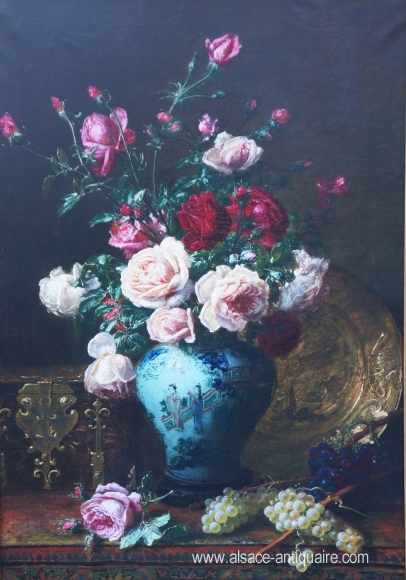 Fleurs au vase chinois  et raisins  Alexis Kreyder