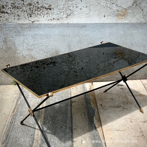 Table basse vintage années 70 verre et bronze 