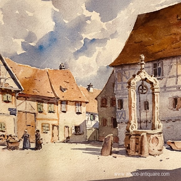 Sainte Croix en plaine aquarelle signée Hansi