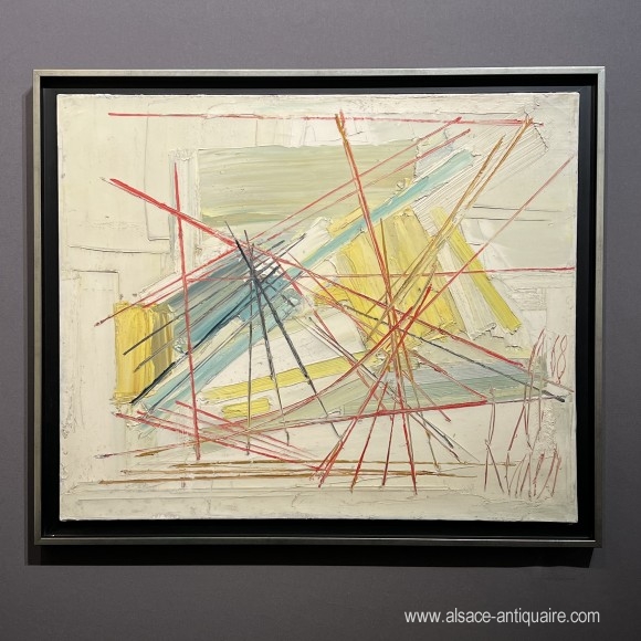 Abstraction spatiale huile sur toile signée Recher